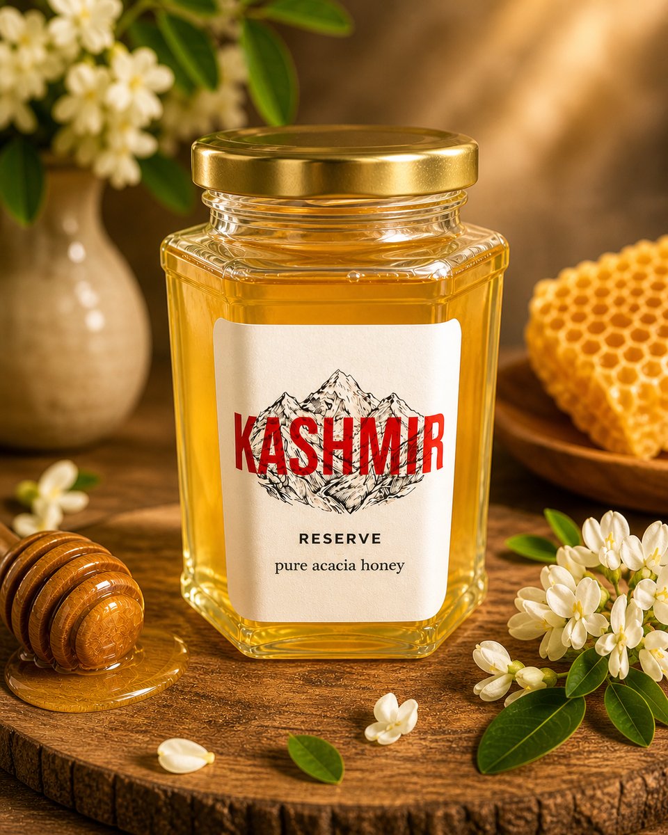 Kashmir Reserve Pure Acacia Honey, hexagonal glass jar with acacia flowers and honeycomb