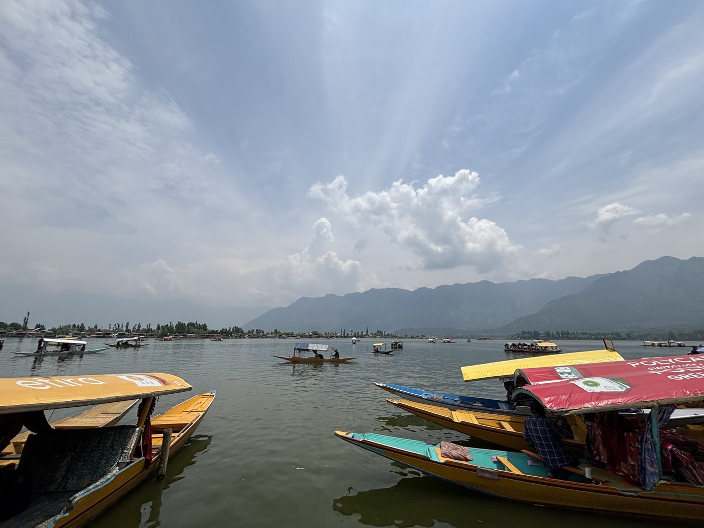 Shikara boats on Dal Lake with mountains behind